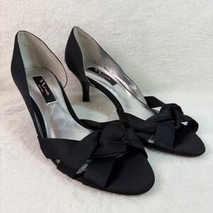 Nina New York Black Satin Peep Toe Knot d'Orsay Kitten Heels Shoes Womens 9.5M